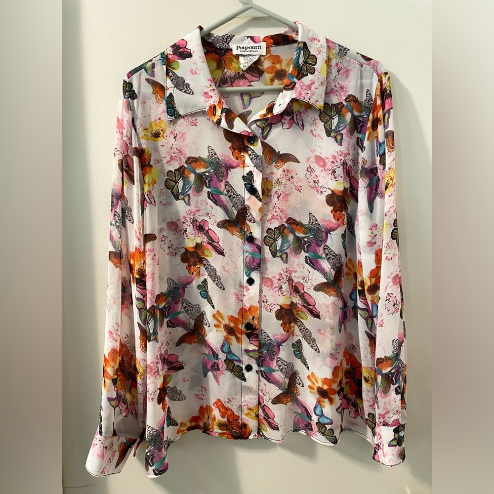 Vintage Potpourri Brightly Colored Butterfly Semi Sheer Button Down Blouse Sz XL